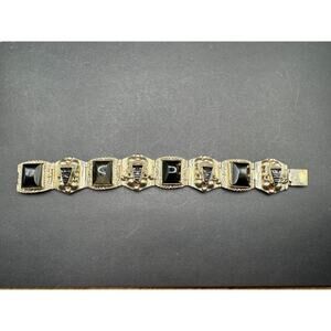 HECHO Mexico Aztec Mask Panels Bracelet Alpaca Silver Carved Black Onyx 7"